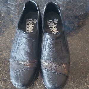 Rieker Womens Black and Bronze Slip-On Leather Loafers